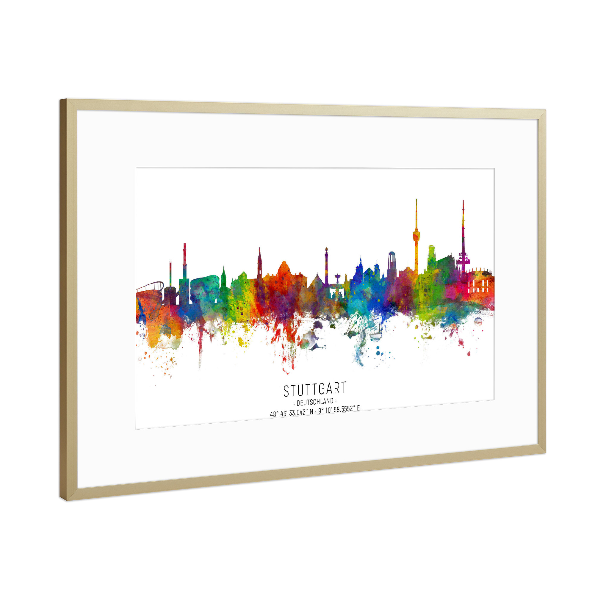Poster mit Rahmen Gold "Stuttgart Skyline Coordinates" artboxONE - Städte,Städte / Stuttgart