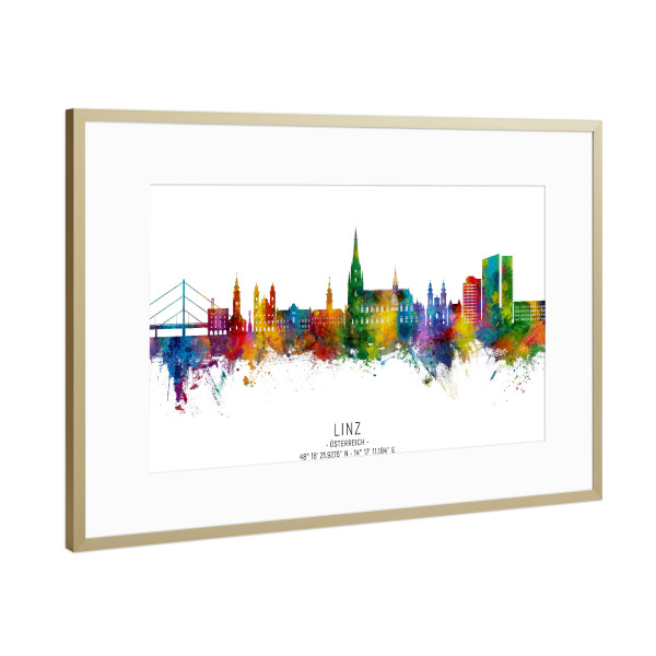 Poster mit Rahmen Gold "Linz Skyline Coordinates" artboxONE - Städte