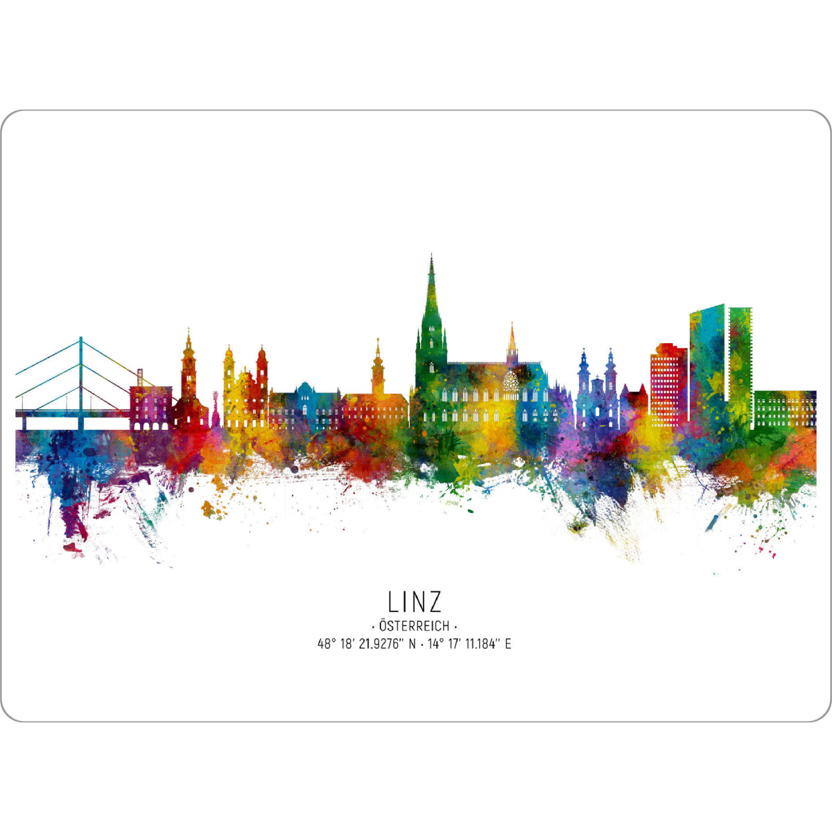 Tischset "Linz Skyline Coordinates" artboxONE - Städte - Linz,Austria,Skyline,Cityscape,Stadtbild,Watercolor,Painting,City,österreich,Bunt,Colorful