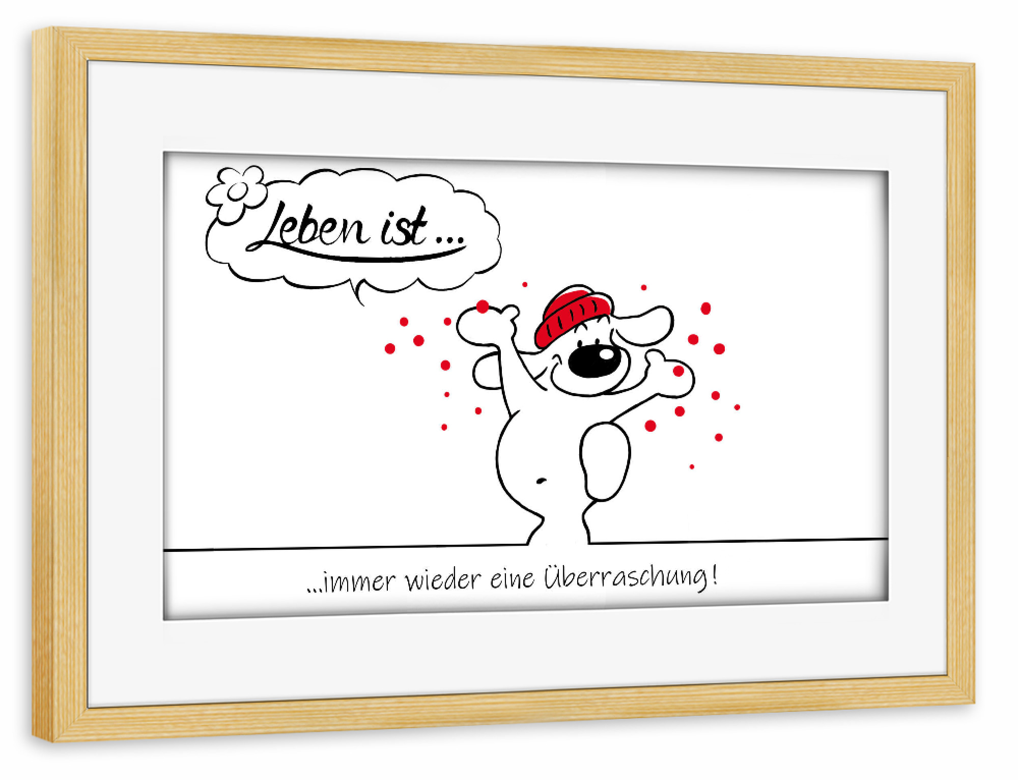 Poster mit Rahmen kiefer "Leben ist... Überraschung" artboxONE - Typografie,Tiere,Comic,Lustig