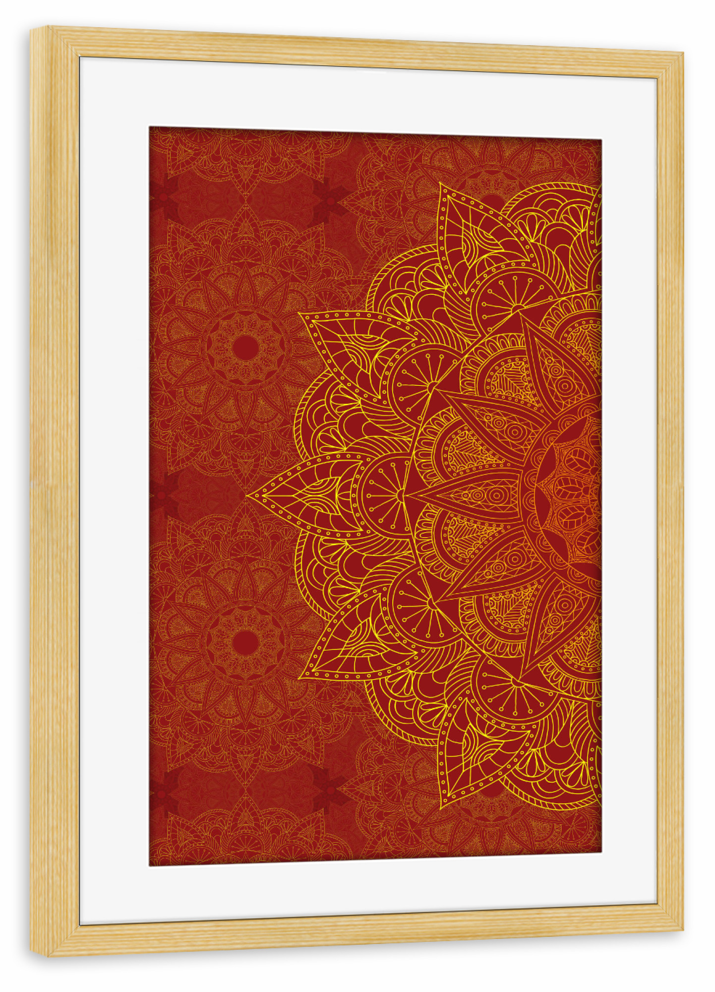 Poster mit Rahmen kiefer "Mandala Red & Gold" artboxONE - Abstrakt,Geometrie - Mandala,Yoga,Boho,Arabic,Indian,Ethnic,Red,Gold,Abstract,Vector