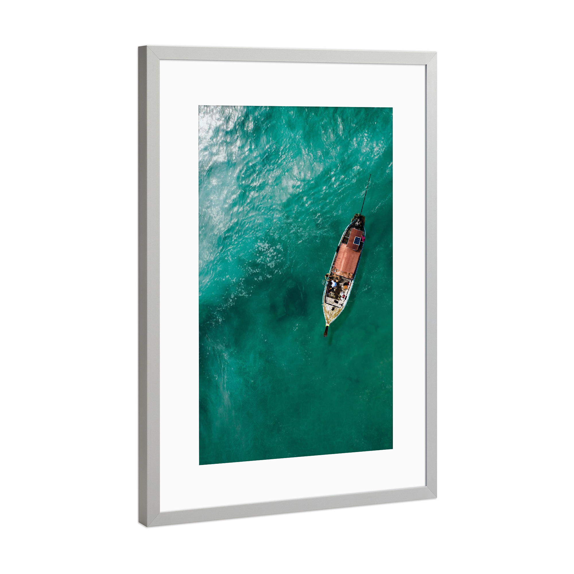 Poster mit Rahmen Silber "Boat Ocean" artboxONE - Natur,Reise,Tiere,Menschen - Ocean,Blue,Green,Tier,Meer,Sea,Natur,Reise,Boot,Boat,Travel