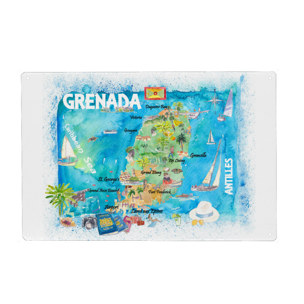 Metall Poster "Grenada Illustrierte Karte" artboxONE - Reise,Reise / Strand und Meer,Kartografie