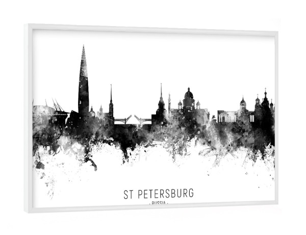 Poster mit weißem Rahmen "St Petersburg Skyline BW Text" artboxONE - Städte,Reise,Schwarzweiß