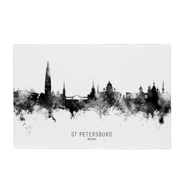 Metall Poster "St Petersburg Skyline BW Text" artboxONE - Städte,Reise,Schwarzweiß