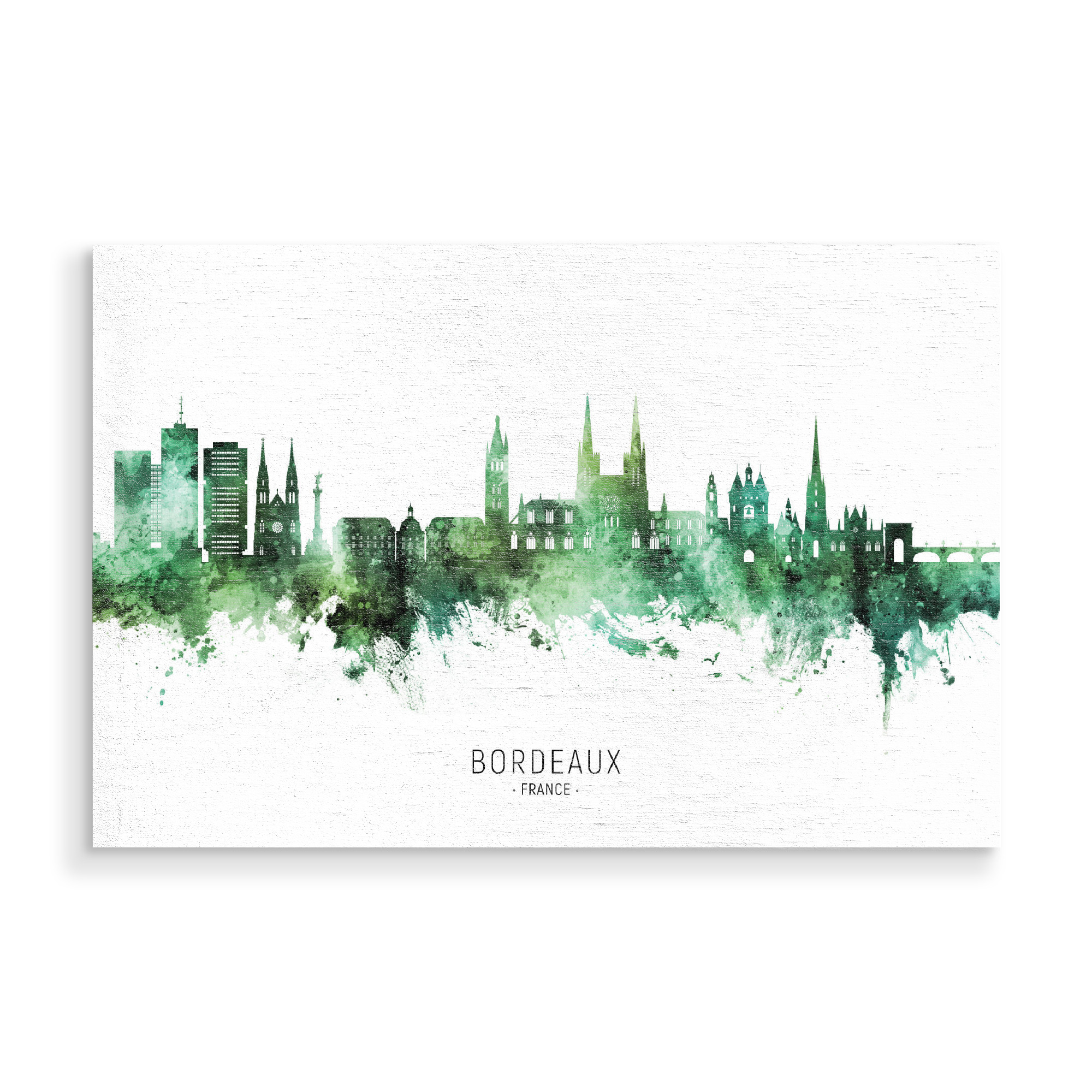 Holzbild "Bordeaux Skyline Green Name" artboxONE - Städte - Bordeaux,France,Skyline,Cityscape,Stadtbild,Watercolor,Painting,City,Stadt,Frankreich