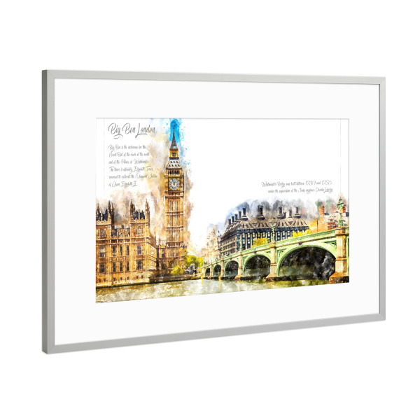 Poster mit Rahmen Silber "Big Ben London Aquarell" artboxONE - Städte,Städte / London,Architektur