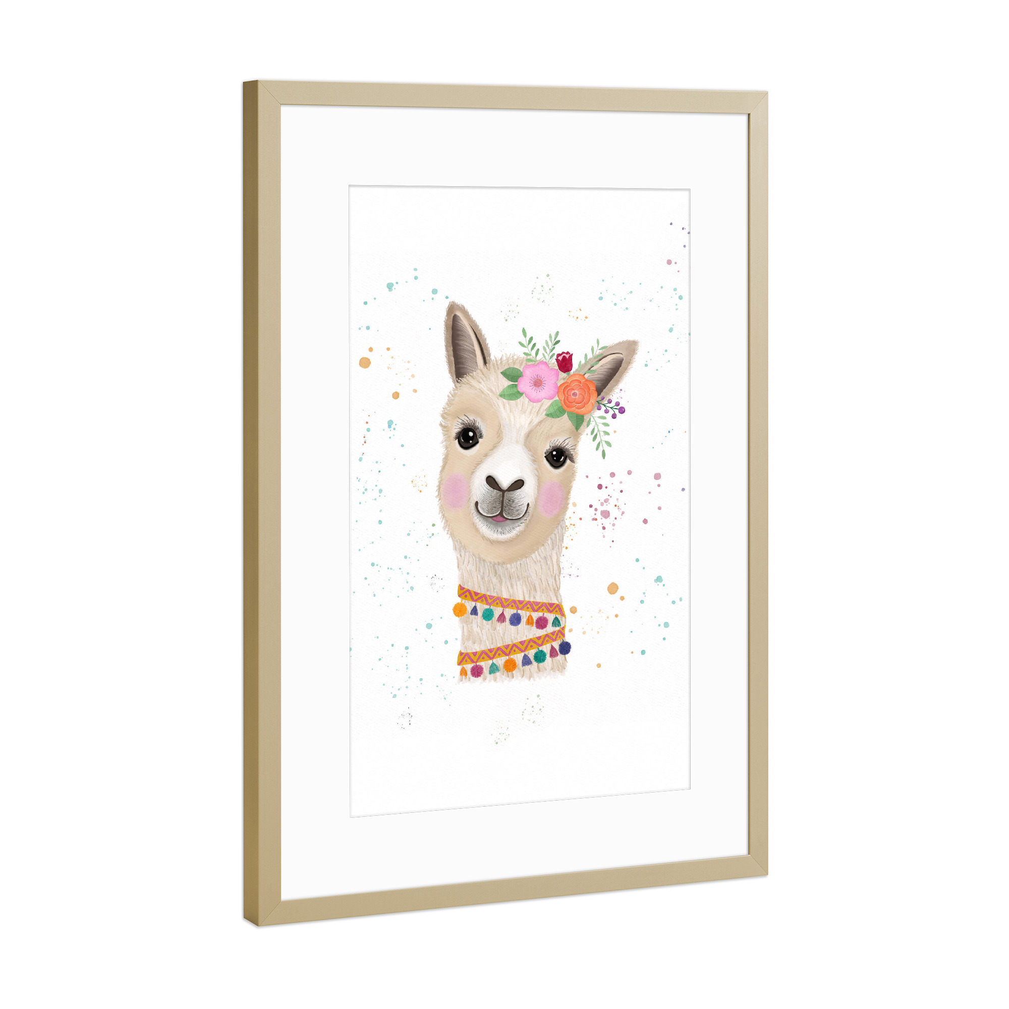 Poster mit Rahmen Gold "Llama Mädchen" artboxONE - Für Kinder,Tiere,Lustig