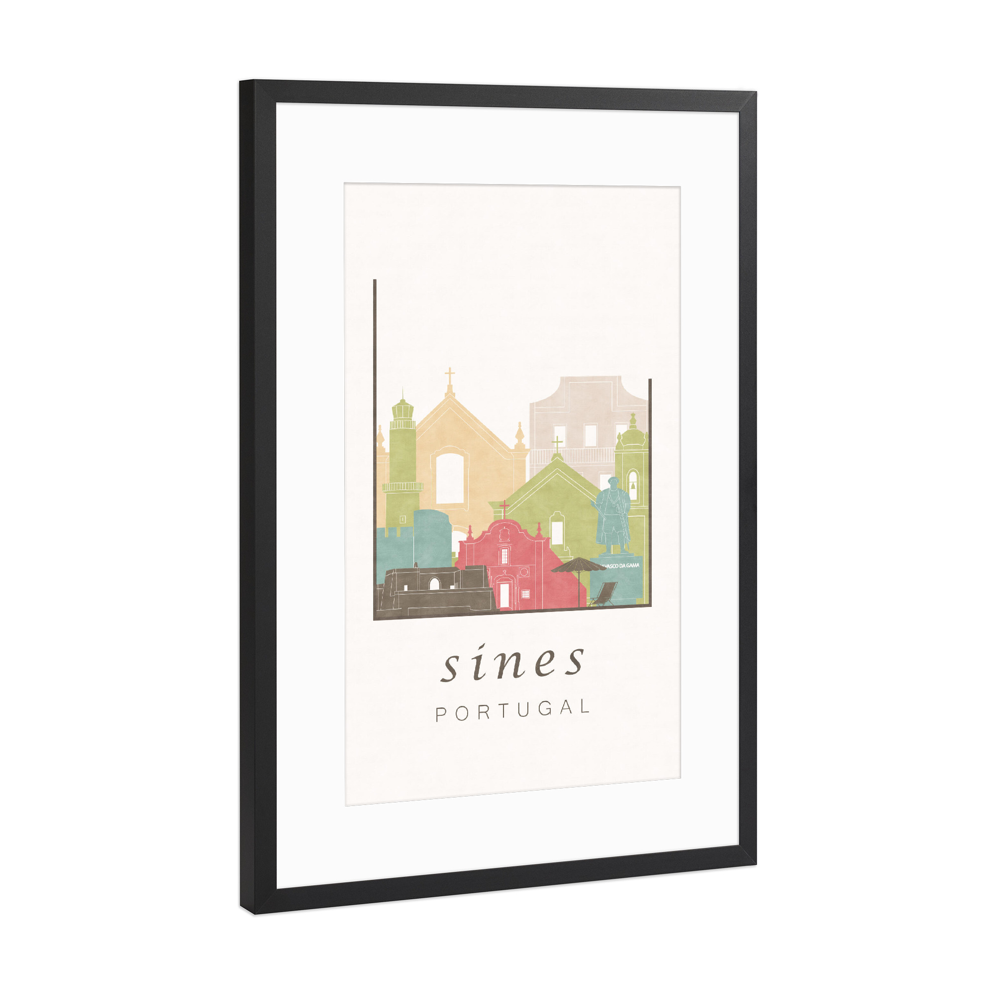 Poster mit Rahmen Schwarz (Metallic) "Sines skyline pastel" artboxONE - Städte,Reise,Architektur,Kartografie