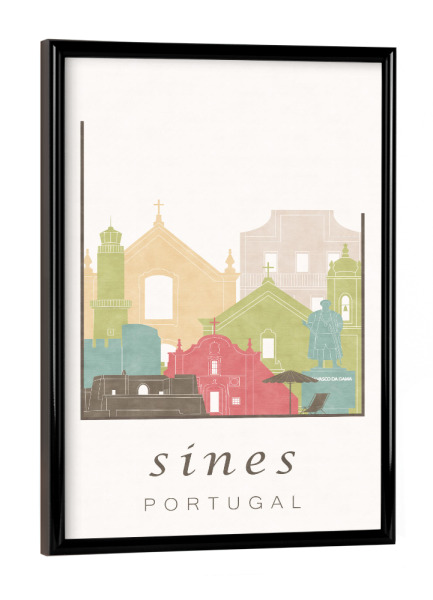 Poster mit schwarzem Rahmen "Sines skyline pastel" artboxONE - Städte,Reise,Architektur,Kartografie
