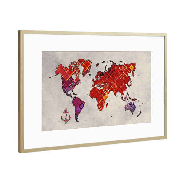 Poster mit Rahmen Gold "World map red cartoon art" artboxONE - Reise,Kartografie