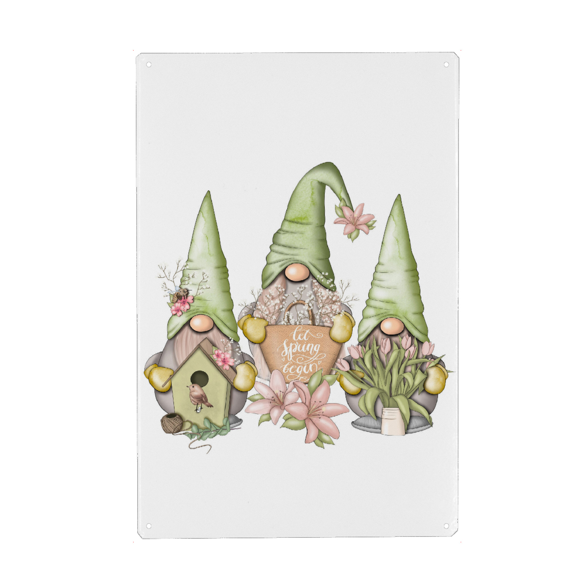 Metall Poster "Spring Gnomes" artboxONE - Natur,Floral,Festivals,Lustig - Spring gnomes,Green gnomes,Floral art,Design,Gnom,Gnome - Blechschild