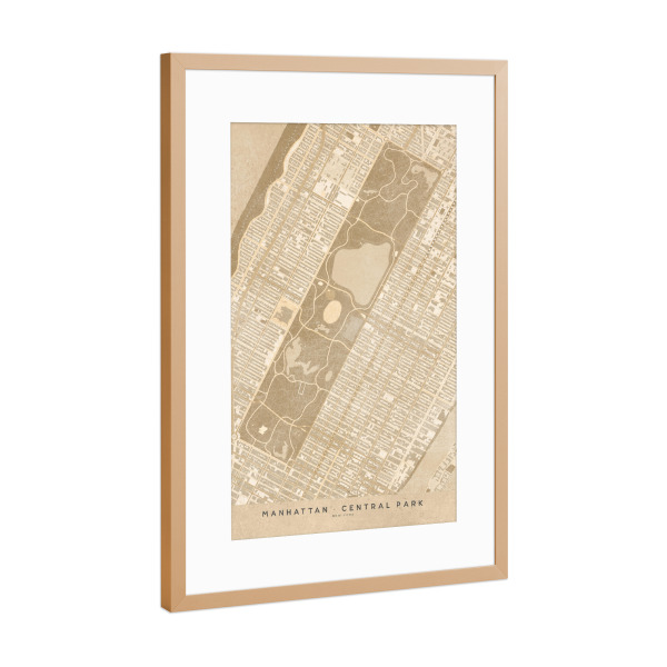 Poster mit Rahmen Kupfer "Sepia vintage map of Central Park" artboxONE - Kartografie - Sepia,Vintage,Map,Central park,New york,Manhattan,Karte,Usa