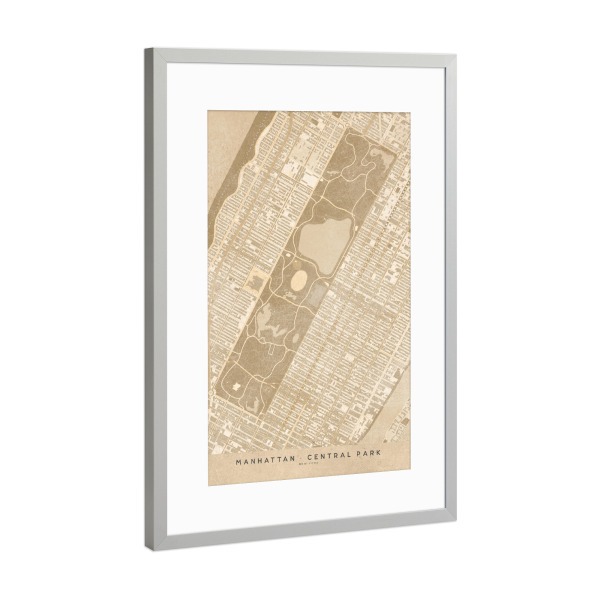 Poster mit Rahmen Silber "Sepia vintage map of Central Park" artboxONE - Kartografie - Sepia,Vintage,Map,Central park,New york,Manhattan,Karte,Usa