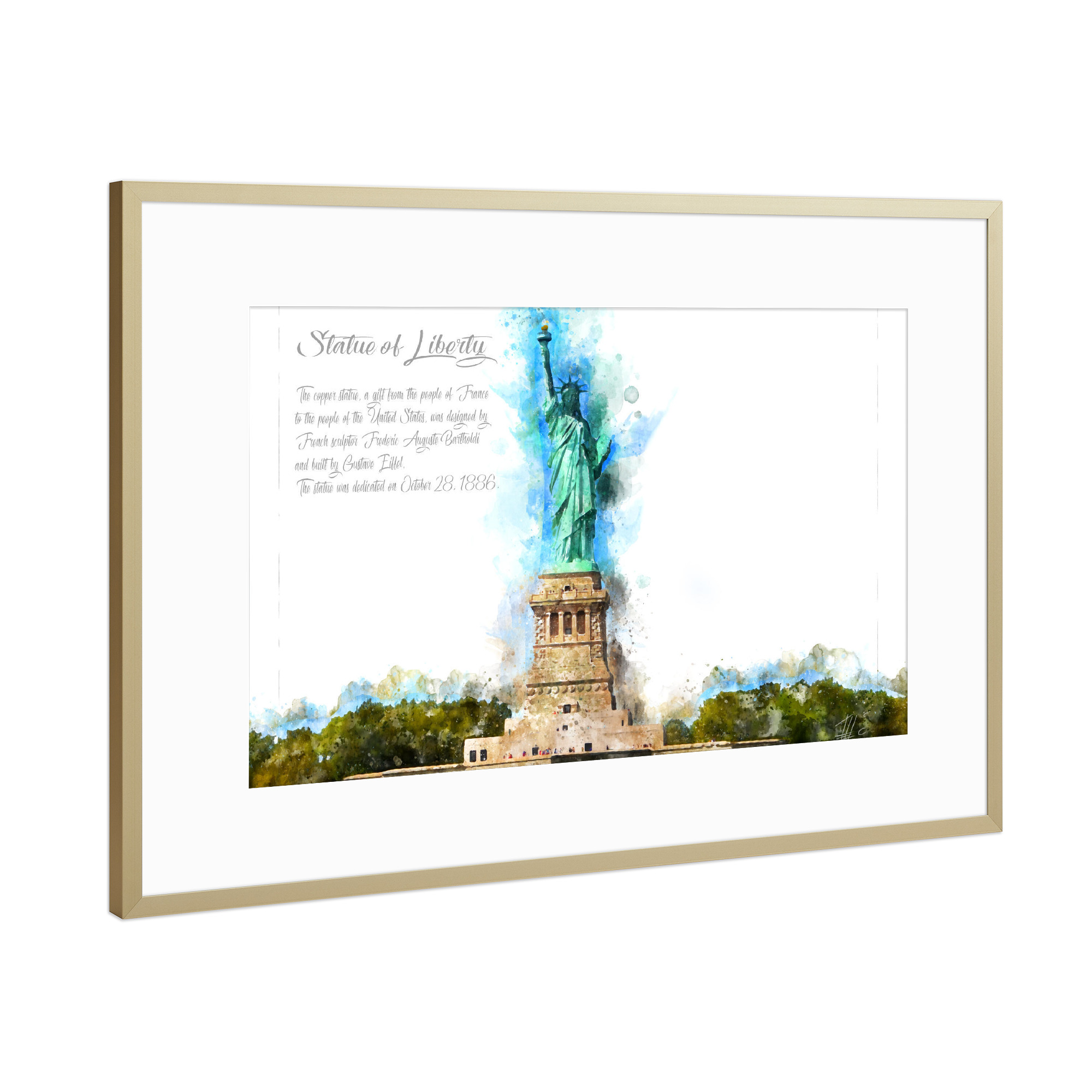 Poster mit Rahmen Gold "Freiheitsstatue USA Aquarell" artboxONE - Städte / New York,Architektur