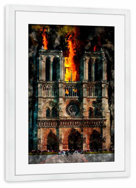 Poster mit Rahmen weiß "Paris, Notre Dame brennt, Aquarell" artboxONE - Städte,Architektur,Städte / Paris