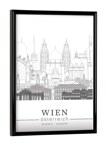 Poster mit schwarzem Rahmen "Vienna skyline line art" artboxONE - Städte,Reise,Architektur,Städte / Wien,Kartografie