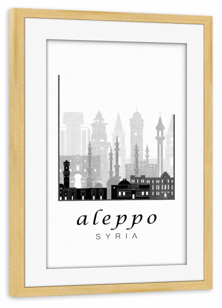 Poster mit Rahmen kiefer "Aleppo skyline black white" artboxONE - Städte,Reise,Architektur,Kartografie