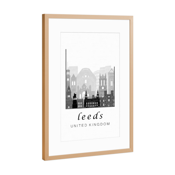 Poster mit Rahmen Kupfer "Leeds skyline black & white" artboxONE - Städte,Reise,Schwarzweiß,Architektur,Kartografie