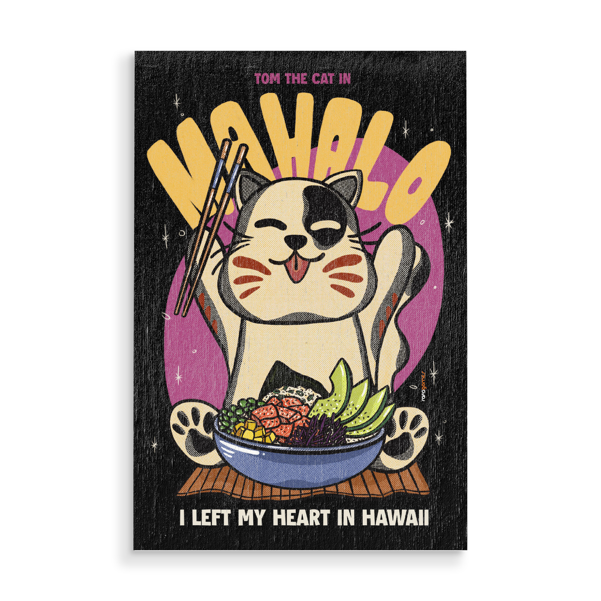 Holzbild "Mahalo" artboxONE - Tiere,Essen & Trinken,Comic - Mahalo,Poke,Food,Hawaii,Usa,Cat,Catlovers,Kids,Drink,Beer,Illustration,Cartoon,Comci,Katze