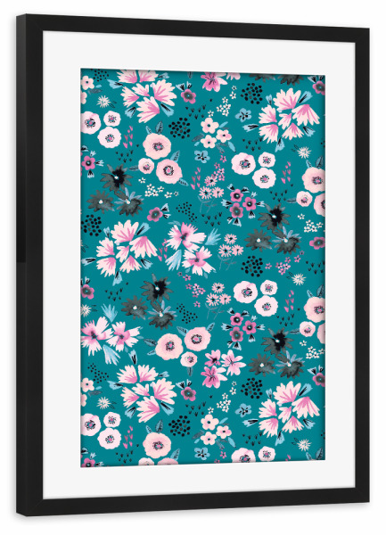 Poster mit Rahmen schwarz "Little Cute Flowers Turquoise" artboxONE - Floral,Fashion,Für Mama