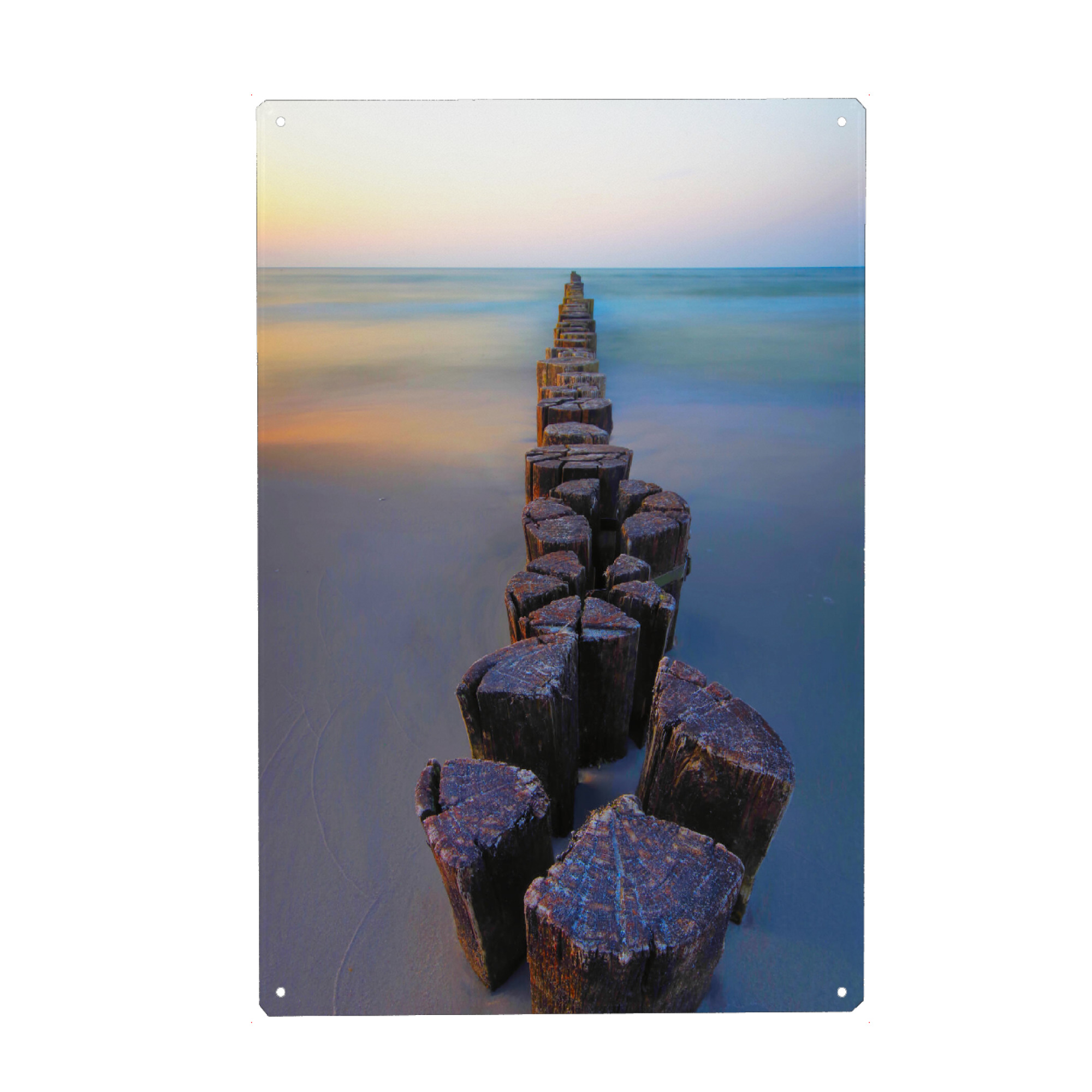 Metall Poster "Buhnen bei Sonnenuntergang am Meer" artboxONE - Natur,Reise,Geometrie