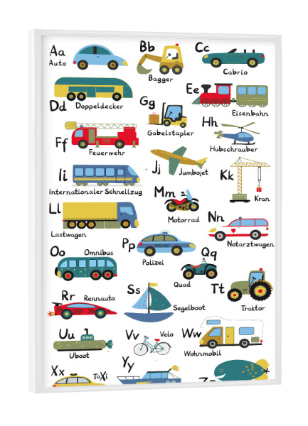 Poster mit weißem Rahmen "ABC Lernposter Autos und Fahrzeuge" artboxONE - Für Kinder,Automobile,Buchstaben