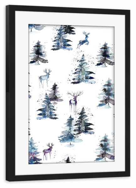 Poster mit Rahmen schwarz "Winter Deers Forest Scandi Blue" artboxONE - Natur,Für Kinder,Tiere