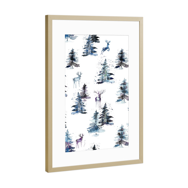 Poster mit Rahmen Gold "Winter Deers Forest Scandi Blue" artboxONE - Natur,Für Kinder,Tiere