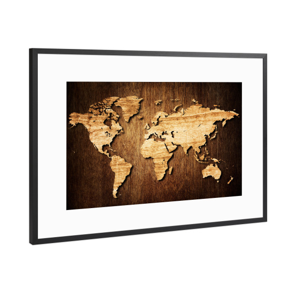 Poster mit Rahmen Schwarz (Metallic) "World Map - Wood (matart)" artboxONE - Kartografie