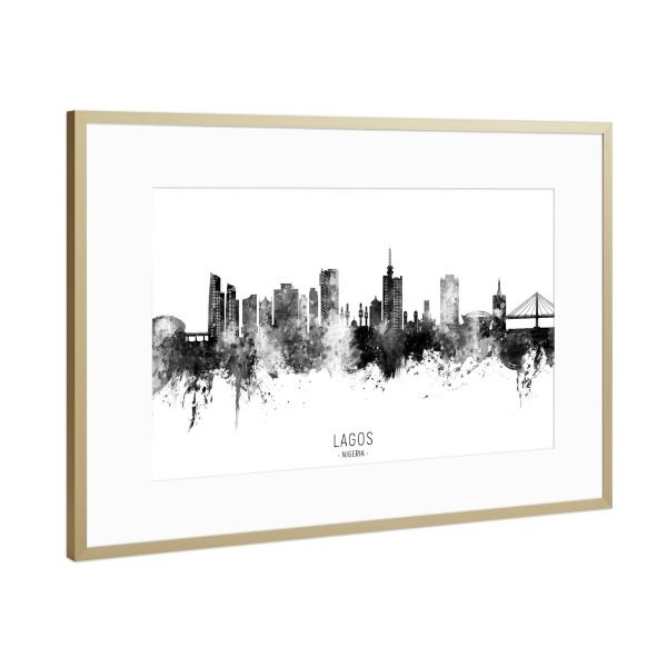 Poster mit Rahmen Gold "Lagos Nigeria Skyline BW Text" artboxONE - Städte