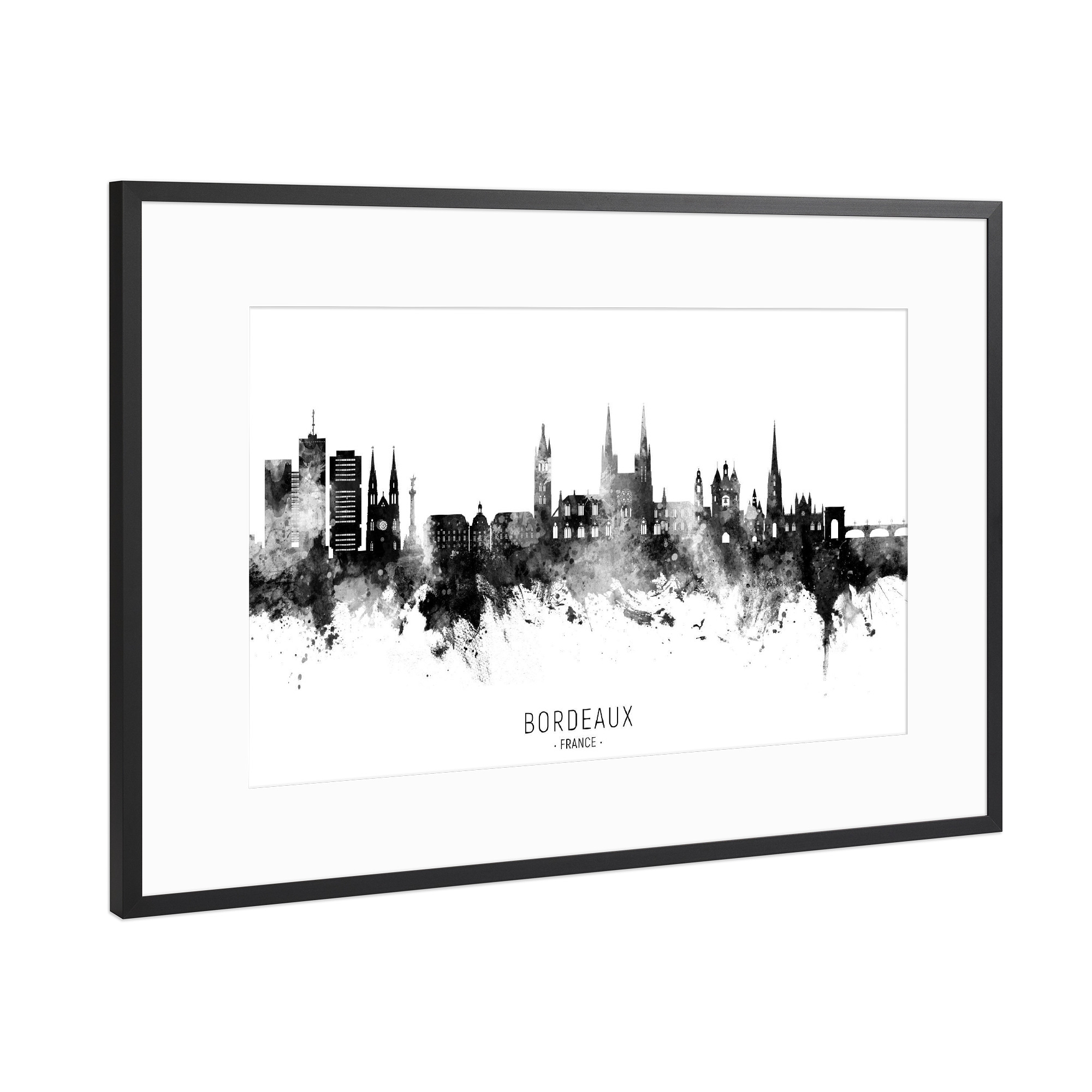 Poster mit Rahmen Schwarz (Metallic) "Bordeaux France Skyline BW Text" artboxONE - Städte