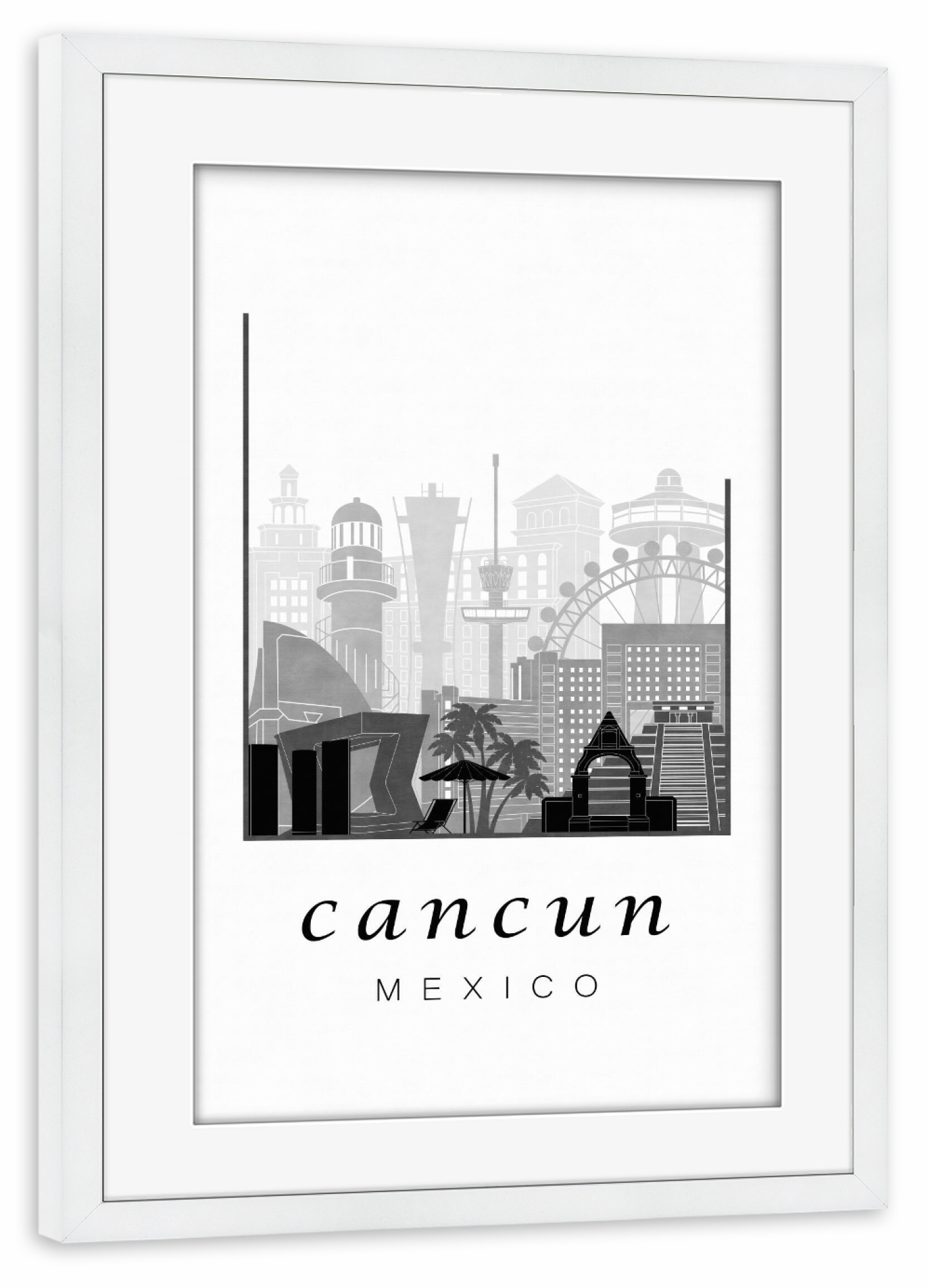 Poster mit Rahmen weiß "Cancun skyline black white" artboxONE - Städte,Reise,Architektur,Kartografie