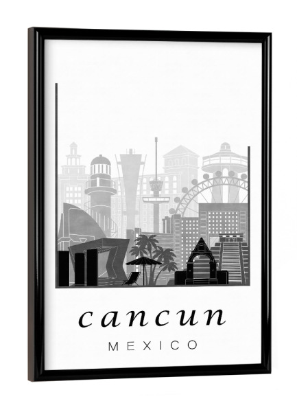 Poster mit schwarzem Rahmen "Cancun skyline black white" artboxONE - Städte,Reise,Architektur,Kartografie