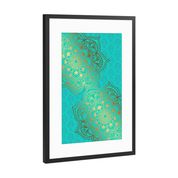 Poster mit Rahmen Schwarz (Metallic) "Mandala Dual Gold" artboxONE - Abstrakt - Mandala,Vector,Boho,Yoga,Abstract,Cyan,Gold,Arabic,Indian,Ethnic