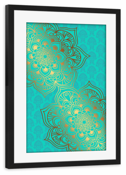 Poster mit Rahmen schwarz "Mandala Dual Gold" artboxONE - Abstrakt - Mandala,Vector,Boho,Yoga,Abstract,Cyan,Gold,Arabic,Indian,Ethnic
