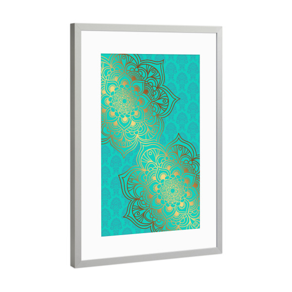 Poster mit Rahmen Silber "Mandala Dual Gold" artboxONE - Abstrakt - Mandala,Vector,Boho,Yoga,Abstract,Cyan,Gold,Arabic,Indian,Ethnic