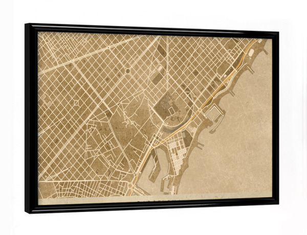 Poster mit schwarzem Rahmen "Sepia Vintage map of Barcelona" artboxONE - Kartografie - Sepia,Vintage,Map,Barcelona,Distressed,Karte,Spanien,Spain