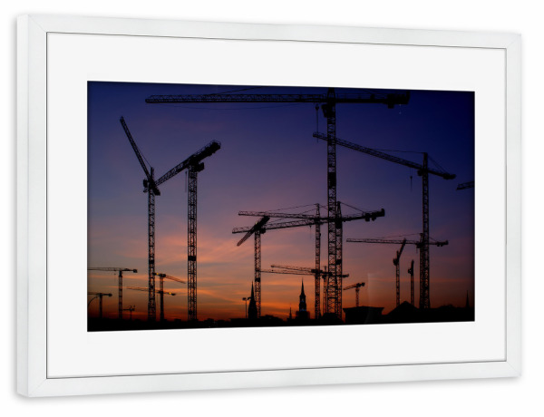 Poster mit Rahmen weiß "Kranwald im Sundown" artboxONE - Städte,Städte / Hamburg,Reise,Reise / Strand und Meer