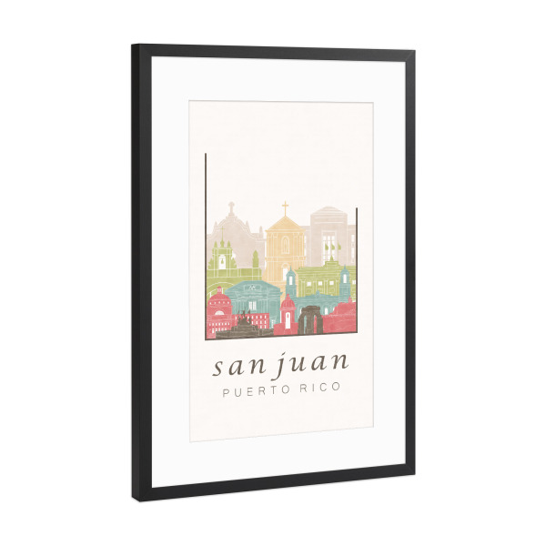 Poster mit Rahmen Schwarz (Metallic) "San Juan skyline pastel" artboxONE - Städte,Reise,Architektur,Kartografie