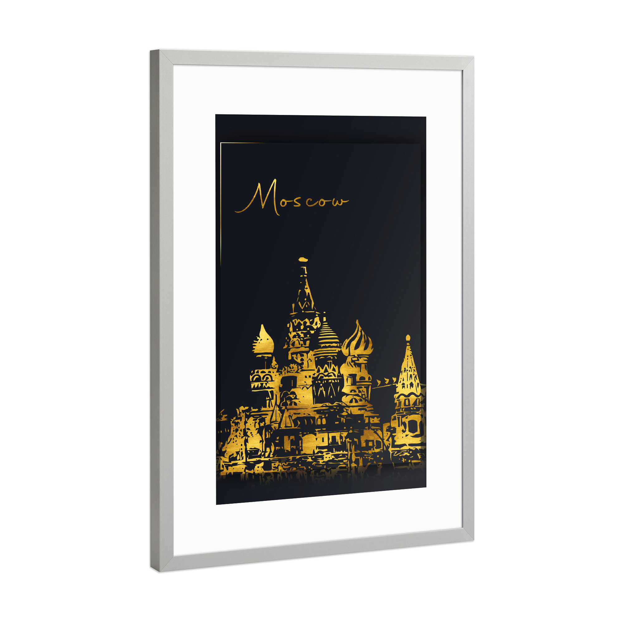 Poster mit Rahmen Silber "Moskau in Gold Basilius" artboxONE - Städte - Stadt,Wahrzeichen,Heimat,Urlaub,Reise,Skyline,Gebäude,Russland,City,Travel