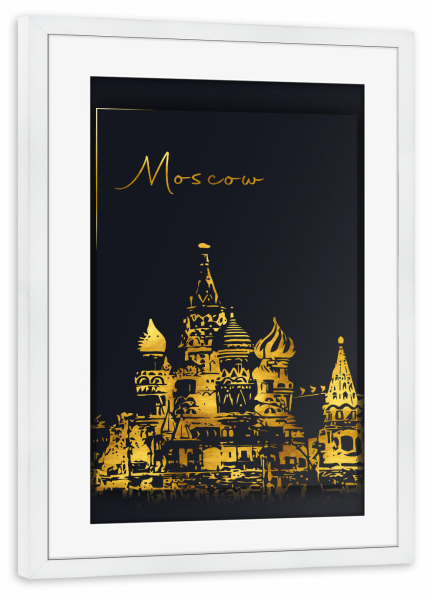 Poster mit Rahmen weiß "Moskau in Gold Basilius" artboxONE - Städte - Stadt,Wahrzeichen,Heimat,Urlaub,Reise,Skyline,Gebäude,Russland,City,Travel