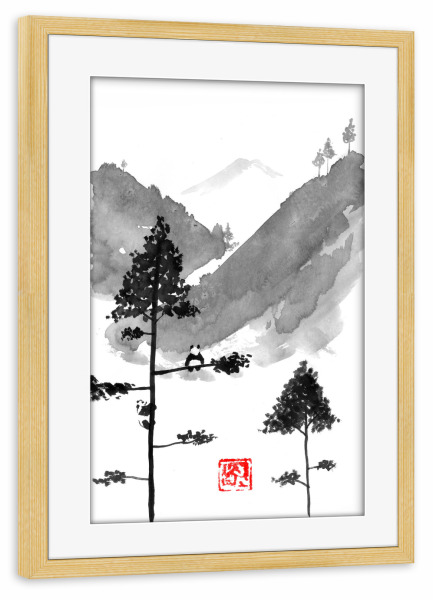 Poster mit Rahmen kiefer "Pandas dream" artboxONE - Natur,Tiere,Schwarzweiß - Panda,Sumie,Japan,Tree,Sea,Mountain,Berge,Schwarzweiß,Blackandwhite