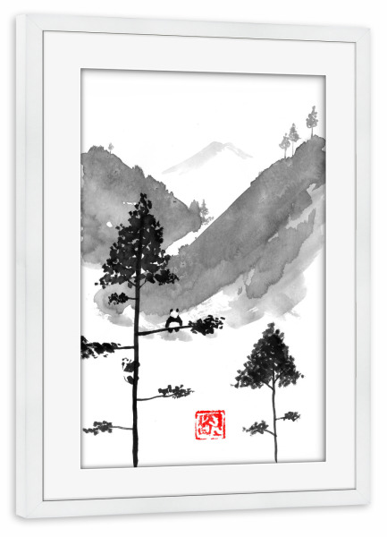 Poster mit Rahmen weiß "Pandas dream" artboxONE - Natur,Tiere,Schwarzweiß - Panda,Sumie,Japan,Tree,Sea,Mountain,Berge,Schwarzweiß,Blackandwhite