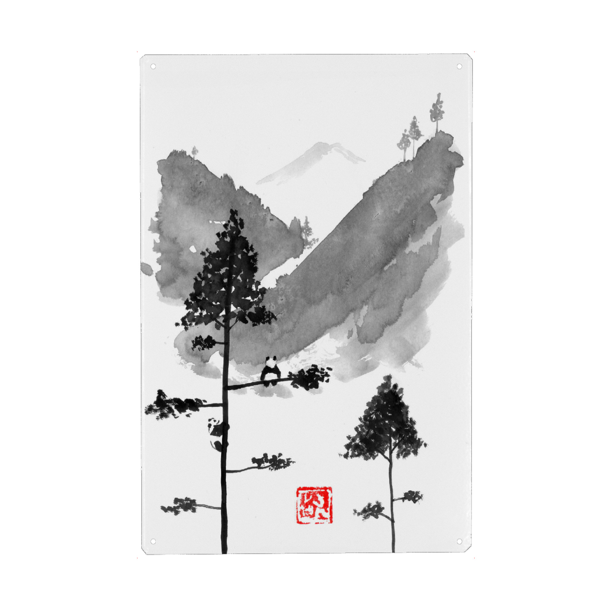 Holzbild "Pandas dream" artboxONE - Natur,Tiere,Schwarzweiß - Panda,Sumie,Japan,Tree,Sea,Mountain,Berge,Schwarzweiß,Blackandwhite