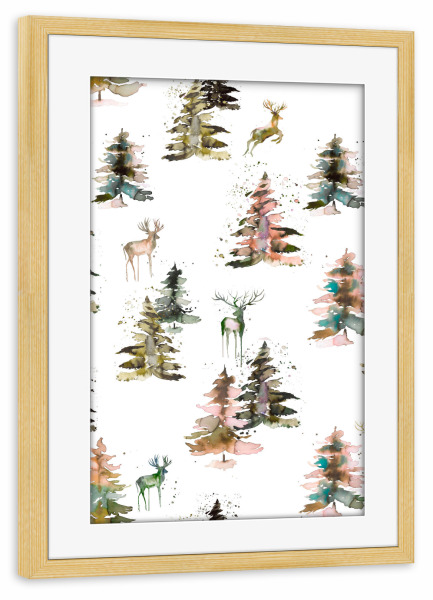 Poster mit Rahmen kiefer "Winter Deers Forest Scandi Green" artboxONE - Natur,Tiere