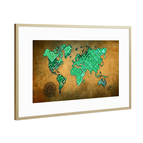 Poster mit Rahmen Gold "World map green and brown cartoon" artboxONE - Reise,Kartografie
