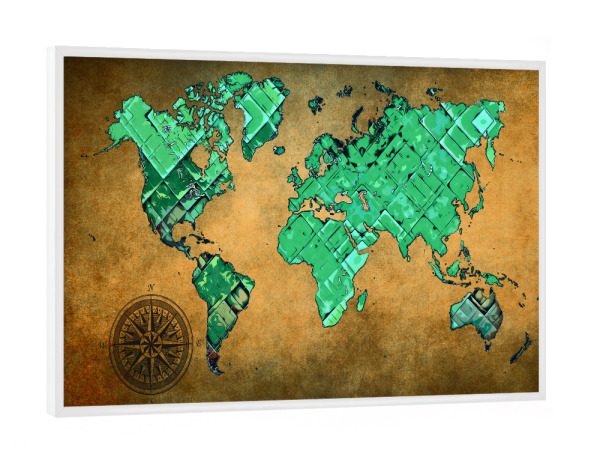 Poster mit weißem Rahmen "World map green and brown cartoon" artboxONE - Reise,Kartografie