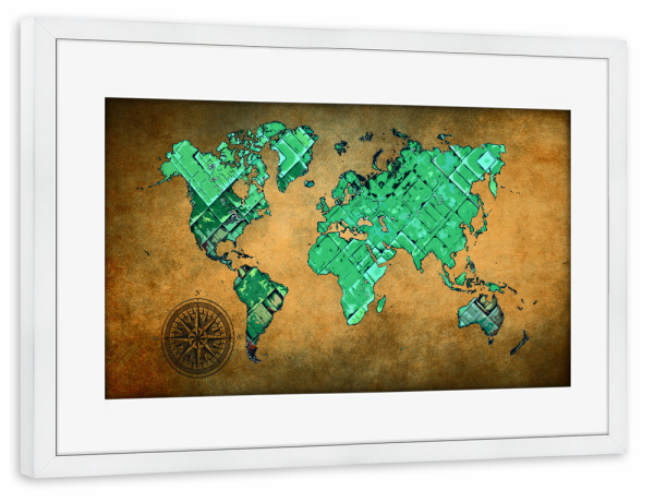 Poster mit Rahmen weiß "World map green and brown cartoon" artboxONE - Reise,Kartografie