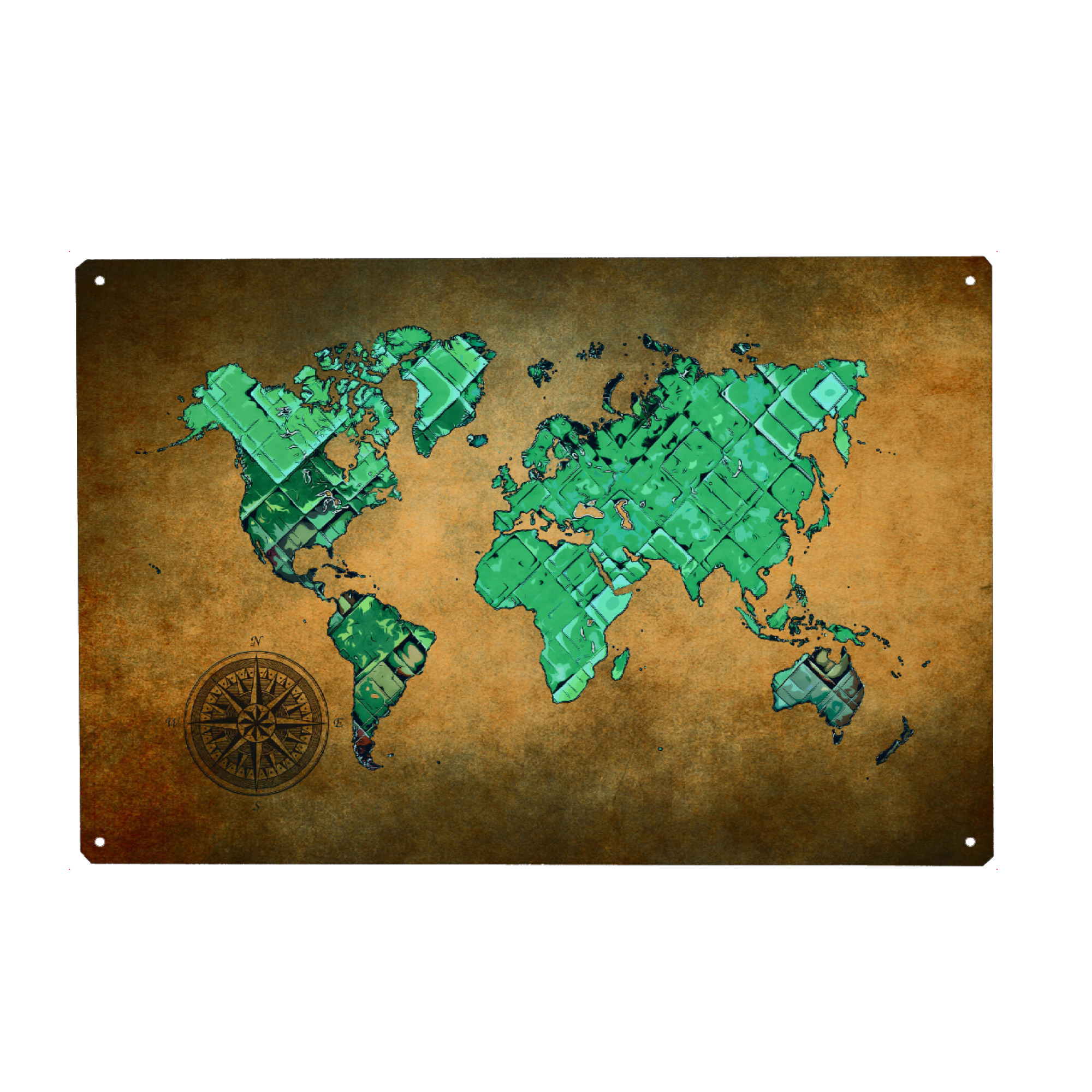 Metall Poster "World map green and brown cartoon" artboxONE - Reise,Kartografie